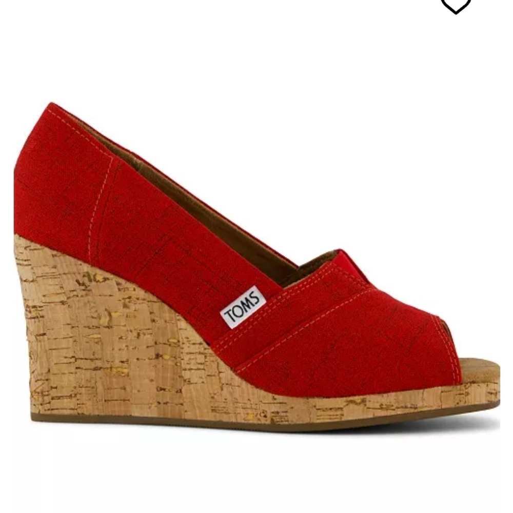 TOMS Red Crosshatch Jacquard Slip On Wedge Cork Shoes Sz 7.5